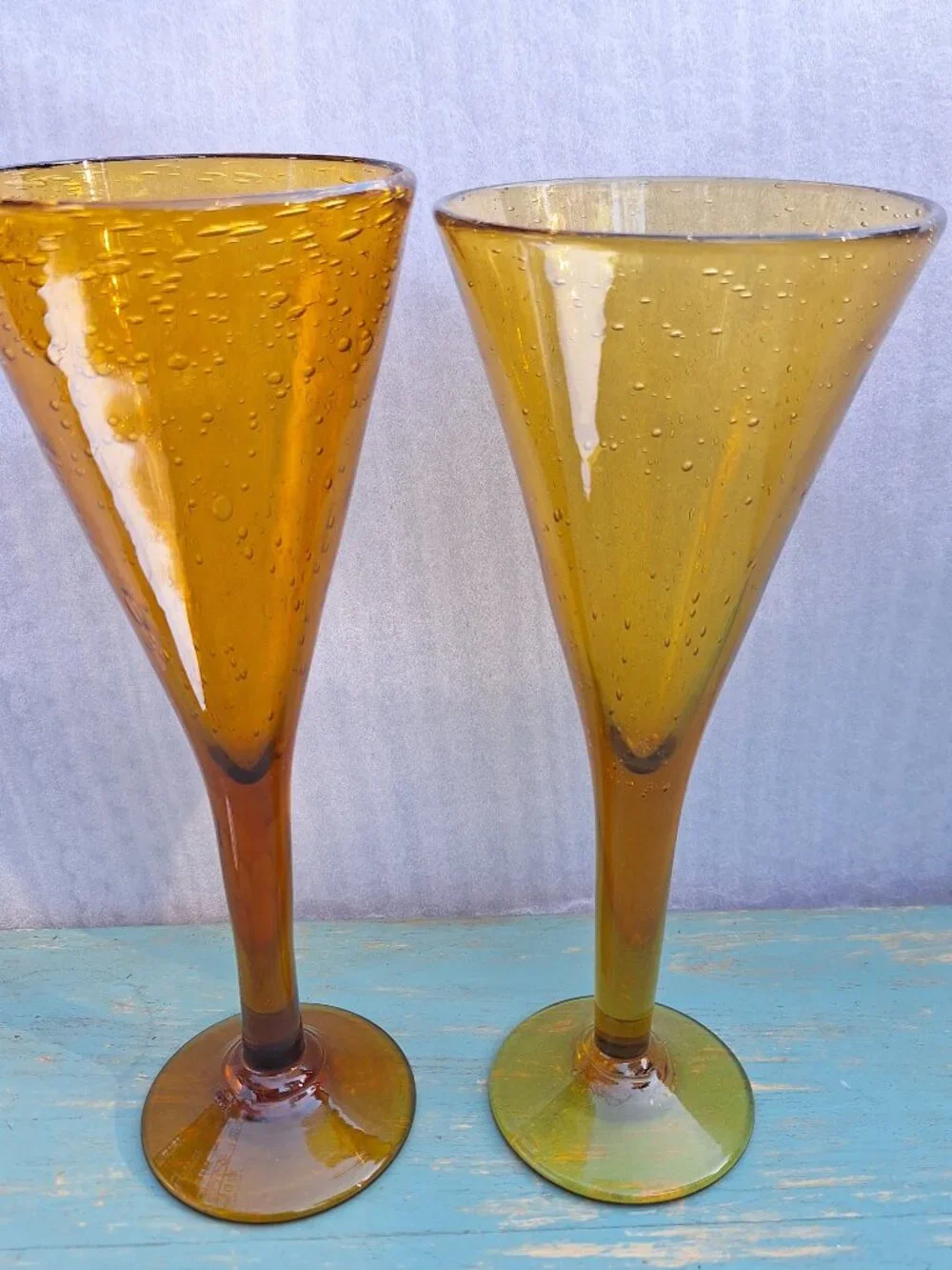 Vintage Wine Goblets Bubbles Hand Blown Glass Gold Bronze Color Pair His and Her - Picture 7 of 16